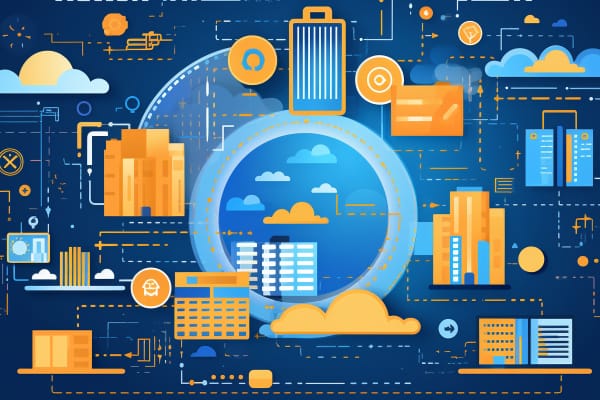 Colorful conceptual graphic for AWS certification, featuring cloud computing icons and infrastructure.