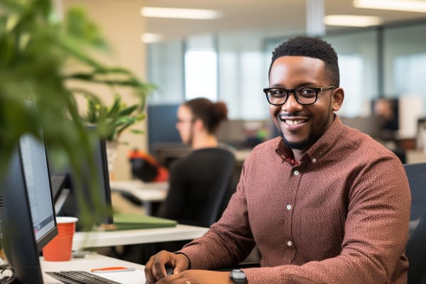 Smiling professional at his desk in an office, representing the investment in Azure Fundamentals certification.