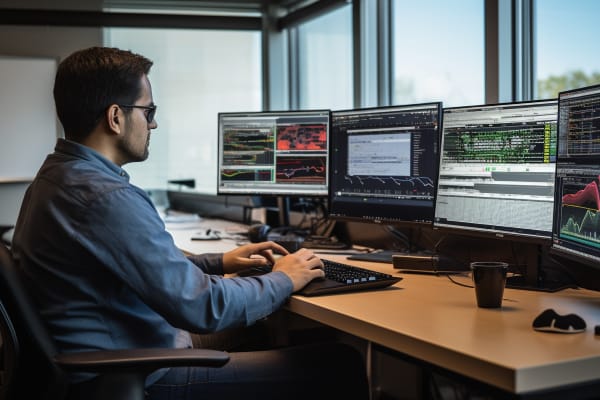 System administrator focused on managing network operations on multiple monitors showcasing diagnostic tools and software, best course for system administrator.