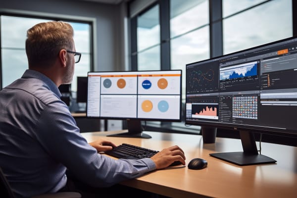 Professional evaluating network performance on multiple displays, related to a certificate in network administration.