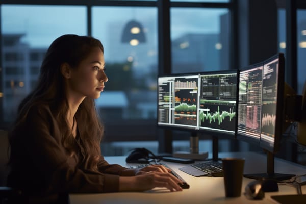 IT tech analyst Female IT analyst concentrating on analyzing data trends on multiple computer screens in an office at dusk.