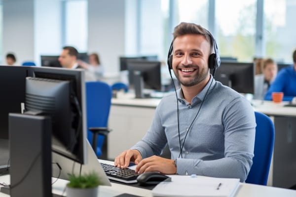 IT user support specialist with a headset smiling at his workstation in a busy office
