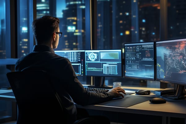 Microsoft azure fundamentals. A cybersecurity professional working late at night with multiple monitors displaying data and graphs