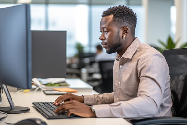 Focused individual at a workstation, engaged in a Microsoft Cyber Security course.