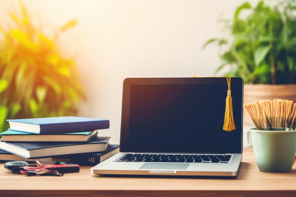 Laptop with a graduation cap on screen, symbolizing Microsoft Office Suite certification, on a desk with books and stationery.