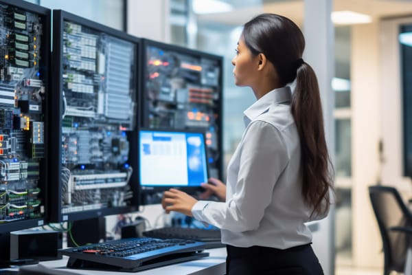 Network security certification path A professional woman monitoring network servers and computer systems in a data center.