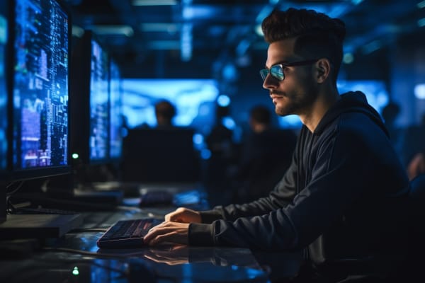 Roadmap to Cyber Security Engineer : Steps to a Successful Cybersecurity Career Path. A male cyber security engineer analyzing data on multiple computer screens in a dark room.