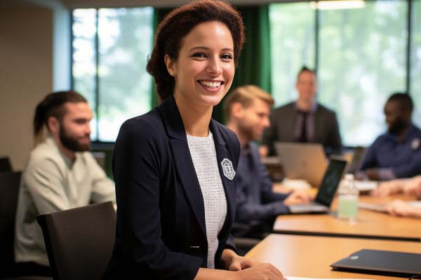 Shortest training for highest paying jobs. A smiling young woman in business attire sitting in a corporate training session.